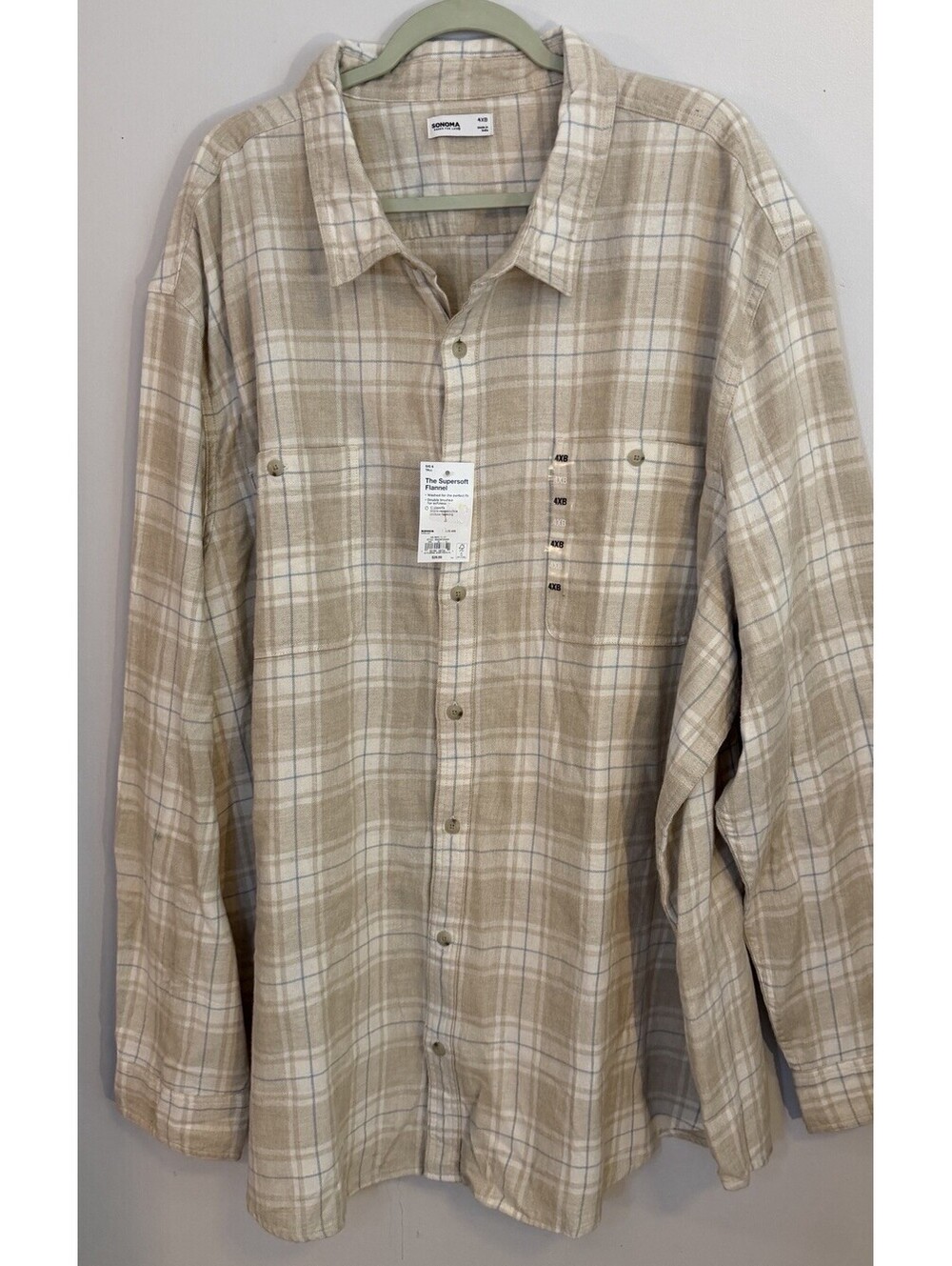 NWTS Sonoma Big Tall 4XB Flannel Shirt Men’s Long Sleeve Tan Plaid Soft Cotton